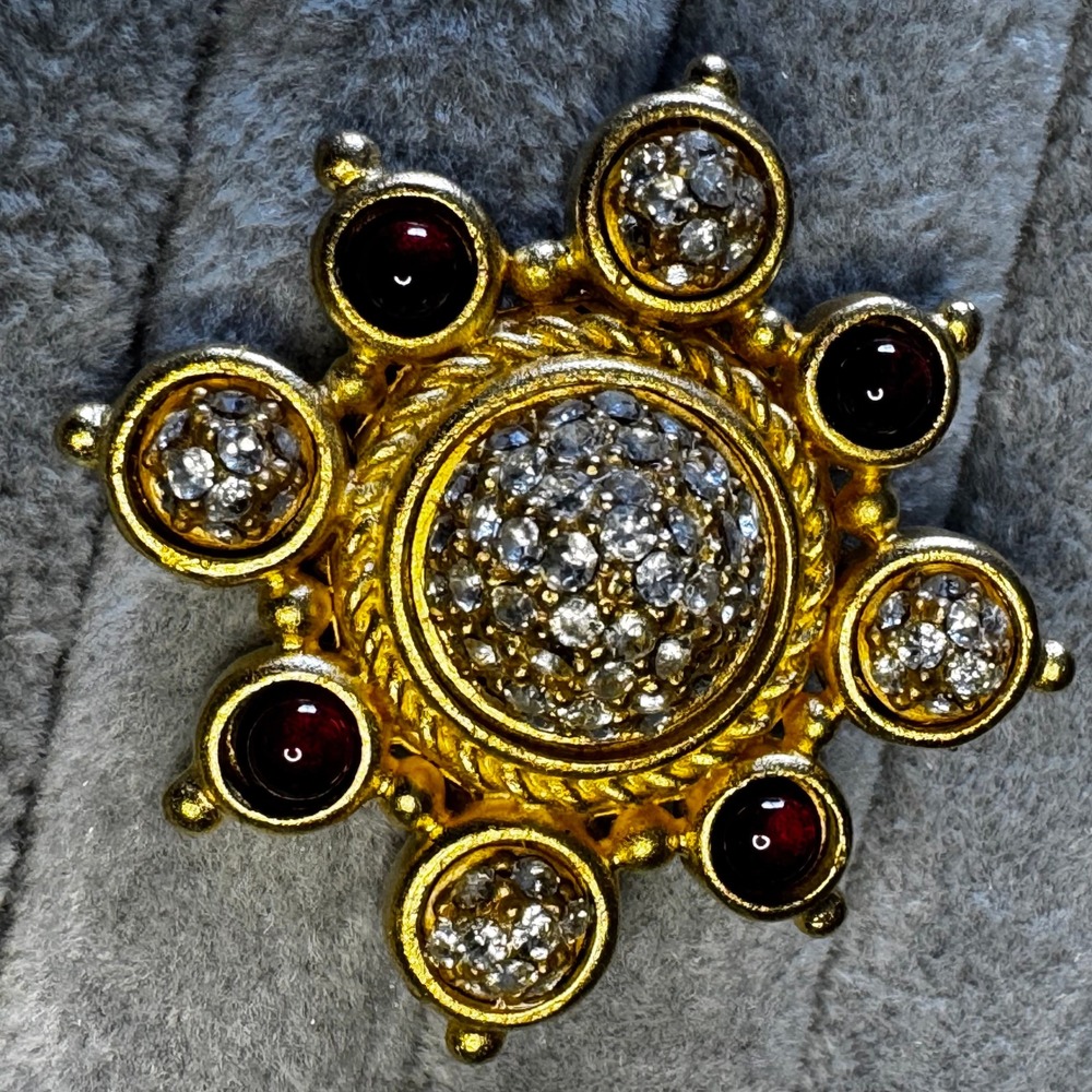 Linda Levinson Gold Tone Crystal Ruby Red Cabochon Sunburst Brooch Pin